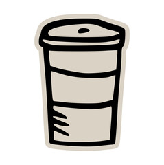 Disposable coffee cup doodle sticker icon: hand drawn illustration of takeaway beverage for cafe, minimal food packaging, and to-go design