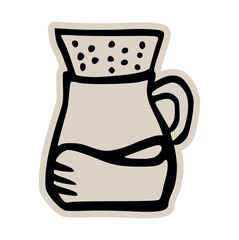 Pour over coffee maker doodle sticker icon: hand drawn illustration of drip brewing filter cone for cafe, barista, and fresh morning design