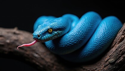 Obraz premium Blue pit viper rests on branch with tongue sticking out. Closeup portrait snake with scales on black background. Exotic poisonous reptile crawls on wood. Macro eye observes wild animal.