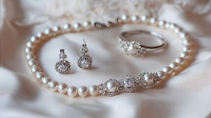 Elegant pearl jewelry set featuring a necklace, earrings, and bracelet on silky fabric.