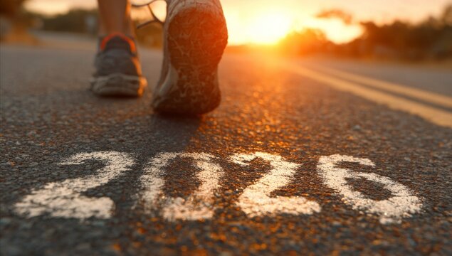 A close-up of a runner’s foot in motion on a road marked with 2026 as the sun sets in the background