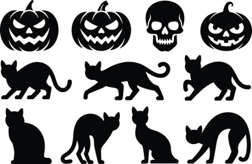 Set of Halloween Icons Featuring Black Pumpkins Skulls and Cat Silhouettes in Various Poses for Design