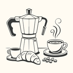 Vector art of a classic italian moka pot brewing coffee next to a steaming cup, a croissant, and coffee beans, perfect for breakfast or cafe themes