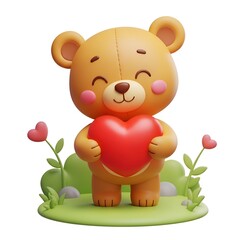 Fototapeta premium 3d illustration of cute teddy bear holding a red heart isolated on white background