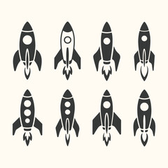 Vector art of a collection of eight stylized rocket ship icons in black and white, set against a cream background