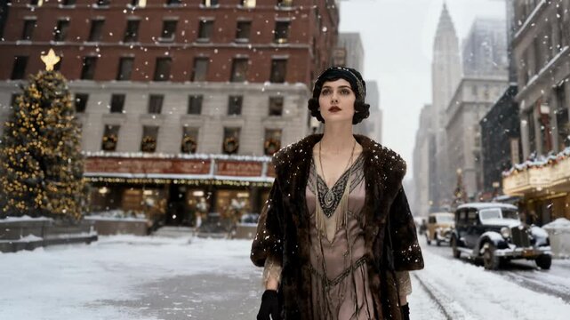 Beautiful woman in 1920s attire walking through a snowy New York City street during christmas, surrounded by vintage cars and festive decorations creating a nostalgic, elegant atmosphere