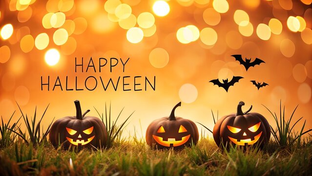 Three glowing jackolanterns and bats against a bokeh background for halloween