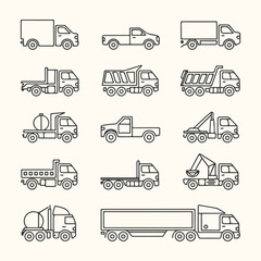 Vector art of collection of various truck types and styles in a simple line art illustration