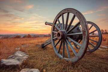 Fototapeta premium Historic Civil War Canon at Gettysburg Battlefield During Autumn Sunset