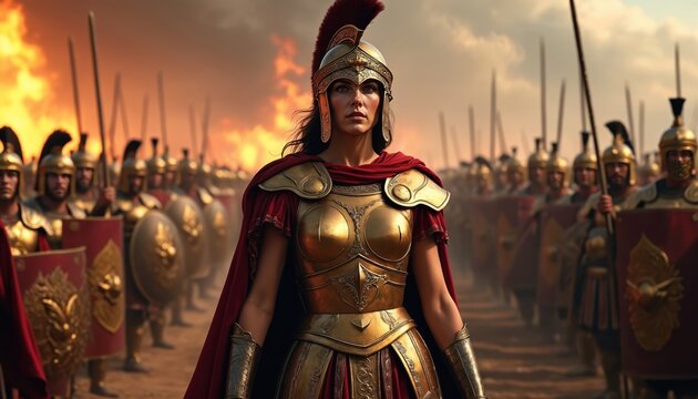 Ancient Roman female commander leads army on battlefield. Woman wears golden armor and red cape. Soldiers stand with shields, spears in background. Flames burn above. Concept for history, power.