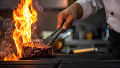 A chef grilling a Tomahawk steak over intense open flames on a barbecue