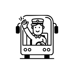 Bus driver smiling and waving from the driver’s seat, representing public transportation, friendliness, and urban commuting.