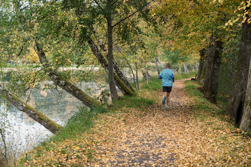 joggeur sur le sentier tapissé de feuilles mortes en automne