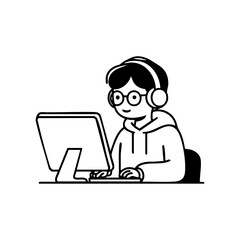 A young game developer wearing headphones working at a computer, symbolizing technology, creativity, and digital design.