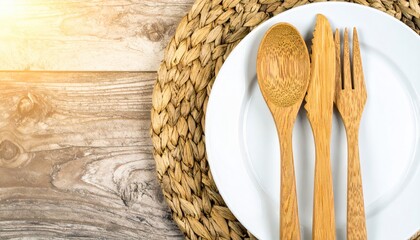 Wooden Cutlery on White Plate Eco Friendly Dining Setting