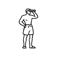 Fototapeta premium Man wearing swim trunks looking through binoculars, representing a lifeguard or beach watcher observing the coast.