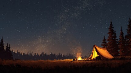 A serene campsite under a starlit sky with a glowing fire and a tent nestled among pine trees.