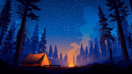 A serene camping scene featuring a warm glow from a campfire beside a tent under a starry night sky.