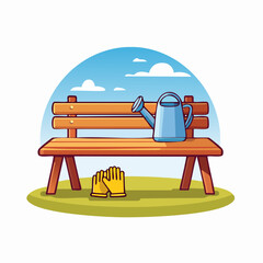 Obraz premium Gardening Bench with Watering Can and Gloves Illustration.