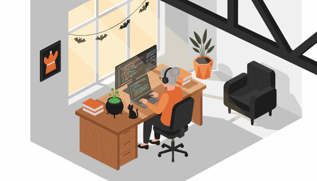 Senior woman programming with dual monitors at a festive Halloween home office focused on coding
