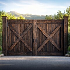 Stunning rustic wooden estate gates open to a breathtaking mountain landscape, exuding privacy and grandeur.