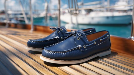 Stylish blue boat shoes resting on a wooden deck by the marina.