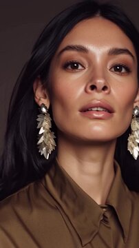 fashion photoshoot of an extremely beautiful supermodel wearing oversized, shiny earrings