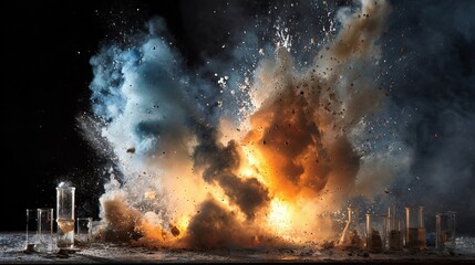 A dramatic explosion of colorful smoke and debris, showcasing vibrant orange and blue hues against a dark background.