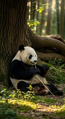 Giant Panda Enjoying Bamboo in a Sun-Dappled Forest Setting.