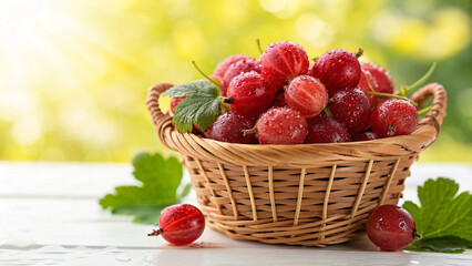 Gooseberry in basket with water drop on white surface in natural warm sunlight background