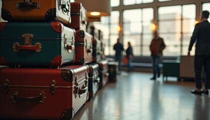 Obraz premium Vintage suitcases stacked in modern lobby with travelers in background 