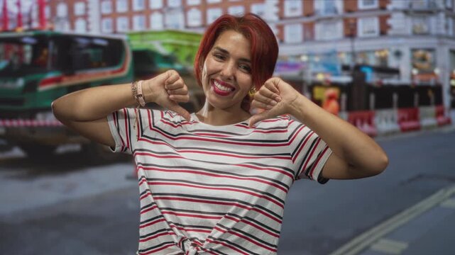 Woman shows both thumbs down on street near construction barriers wearing striped shirt and smiling; playful defiance.
