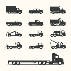 Vector art of collection of various truck silhouettes including pickup, flatbed, tow, and cement mixer trucks isolated on a light background