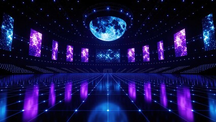 Futuristic Concert Stage with Digital Screens and Reflective Floor.