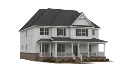 Two-story house with porch, white siding, dark roof, set against black