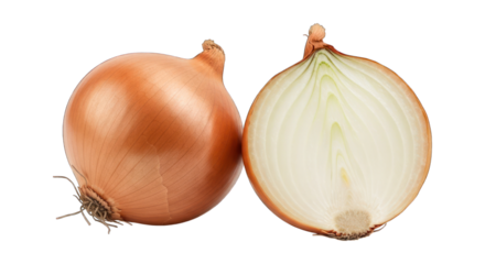 Two onions, one whole, one cut in half, on a dark background