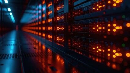 Futuristic Data Center Server Room with Glowing Orange Lights.