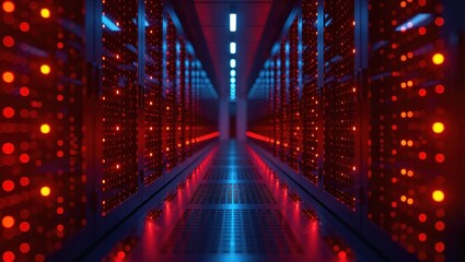 Futuristic Data Center - Red and Blue Illuminated Server Room.