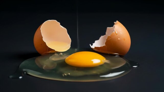 Cracked eggshell reveals yolk and flowing white on a dark surface