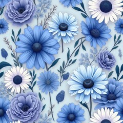 Fototapeta premium Blue floral seamless pattern. Flowers with petals, leaves design. Repeating flower design with detailed intricate elegant texture. Harmonious floral arrangement for textile backdrop paper wrap