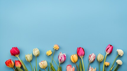Colorful spring flowers surround a blue background, leaving space for text, reflecting a flat layout style concept of spring. It can be used as a vector illustration for banners and template designs.