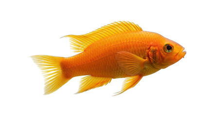 Vibrant orange fish swimming, side view, detailed fins, isolated on black