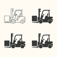 Vector art of set of four forklift icons, including a line drawing and three solid silhouette versions, on a beige background