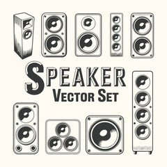 Vector art of collection of various speaker vector illustrations, including tower speakers, bookshelf speakers, and subwoofers, isolated on a