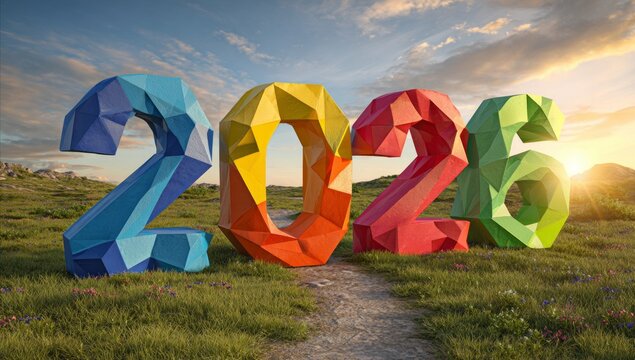 2026 chiffres origami color&eacute;s dans un magnifique paysage, symbolisant la joie vers l'avenir