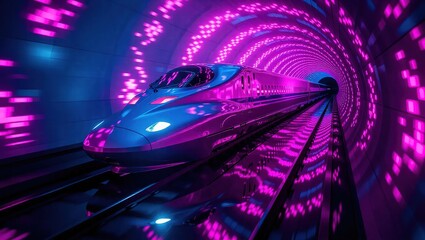 Futuristic High-Speed Train Racing Through a Neon-Lit Tunnel with Dynamic Light Trails.