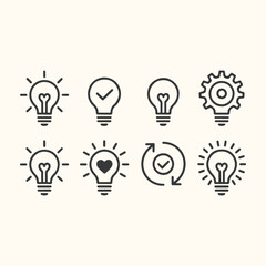 Vector art of collection of light bulb icons representing ideas, innovation, and solutions