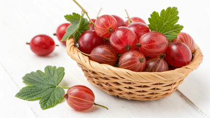 Gooseberry in basket with leaves on white background 