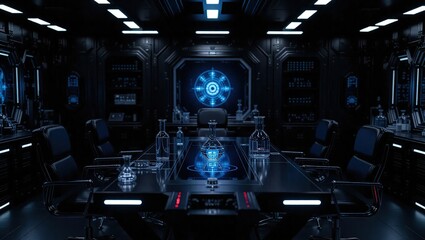 Futuristic interior design with a central control panel.