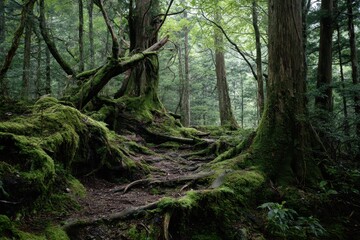 Fototapeta premium Lush Green Canopy: Dense Trees in the Aokigahara Forest of Japan Surrounded by Vibrant Nature